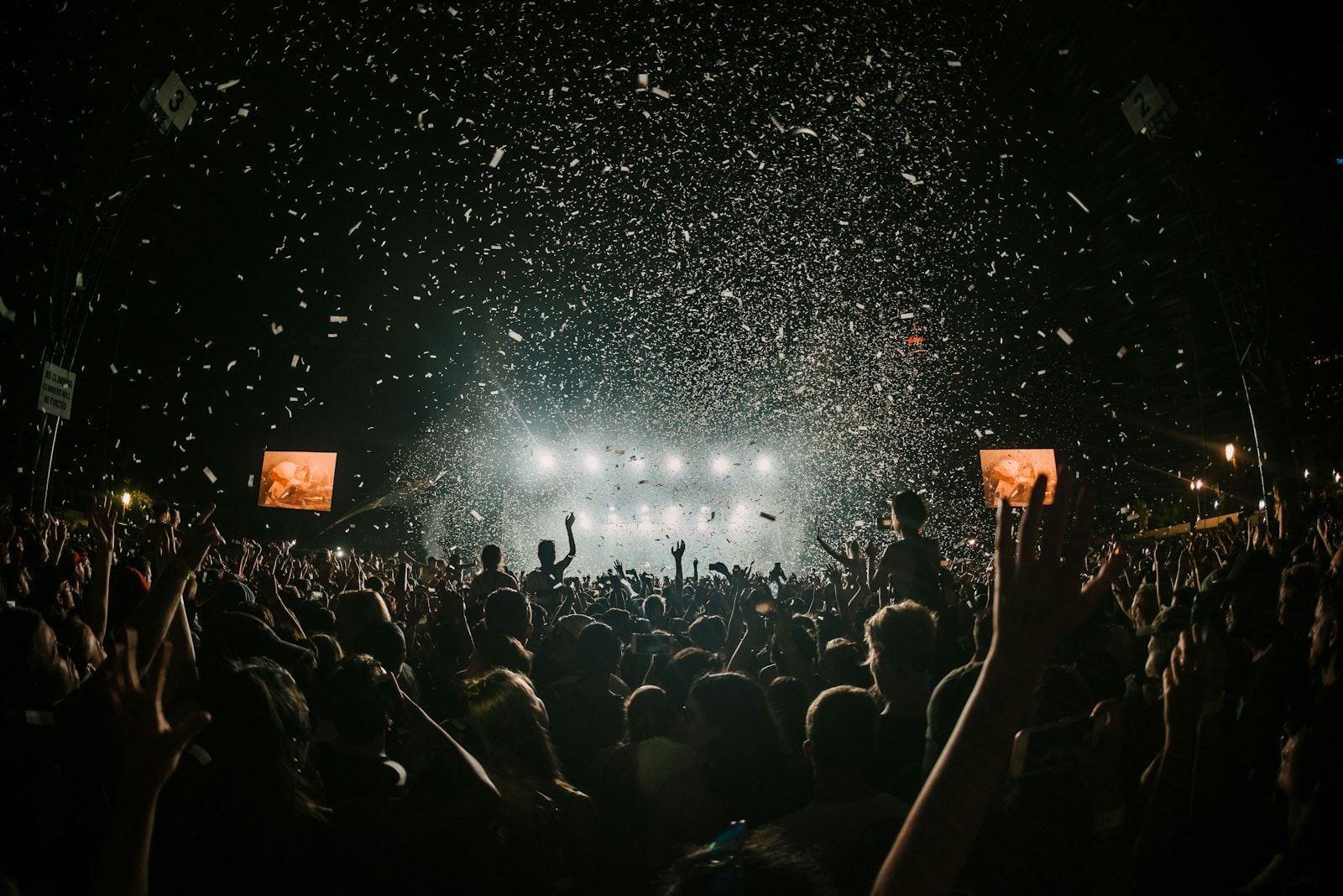 Crowd under confetti and stage lights — celebration energy