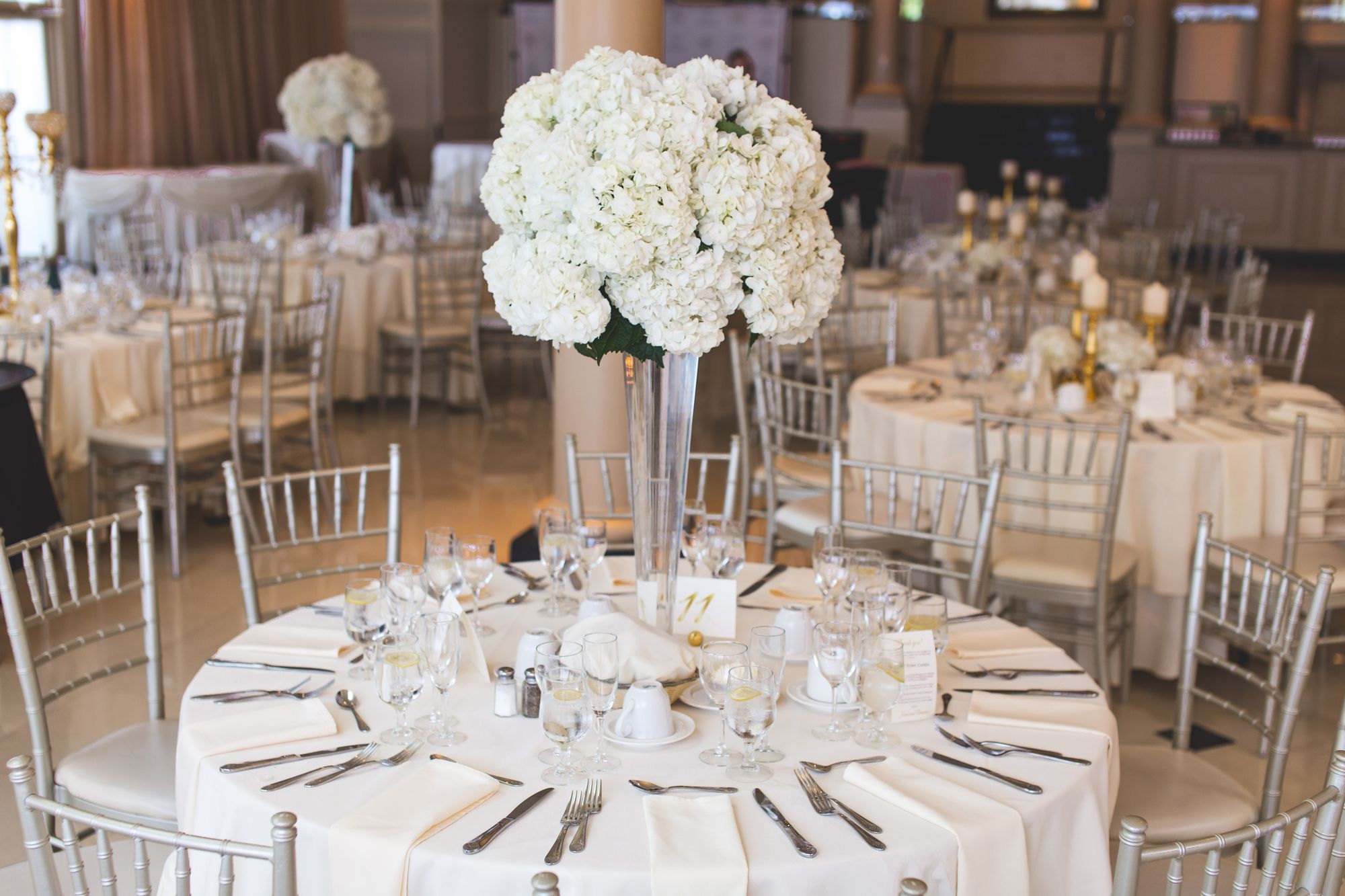 Banquet tables prepared for an evening event